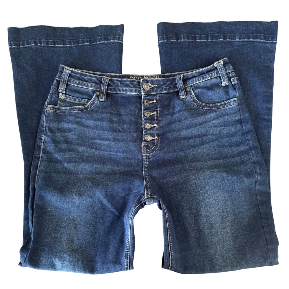 Rock & Roll Cowgirl High Rise Trouser Jeans Dark Wash Button Fly Size 32 30.5"